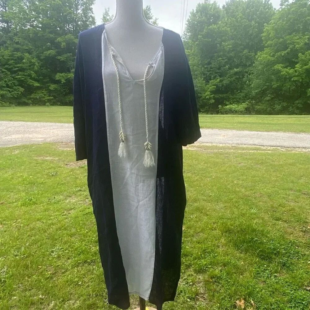 Sigrid Olsen Blue Striped Linen Blend Beach Kaftan Maxi Dress Tassel Size Medium